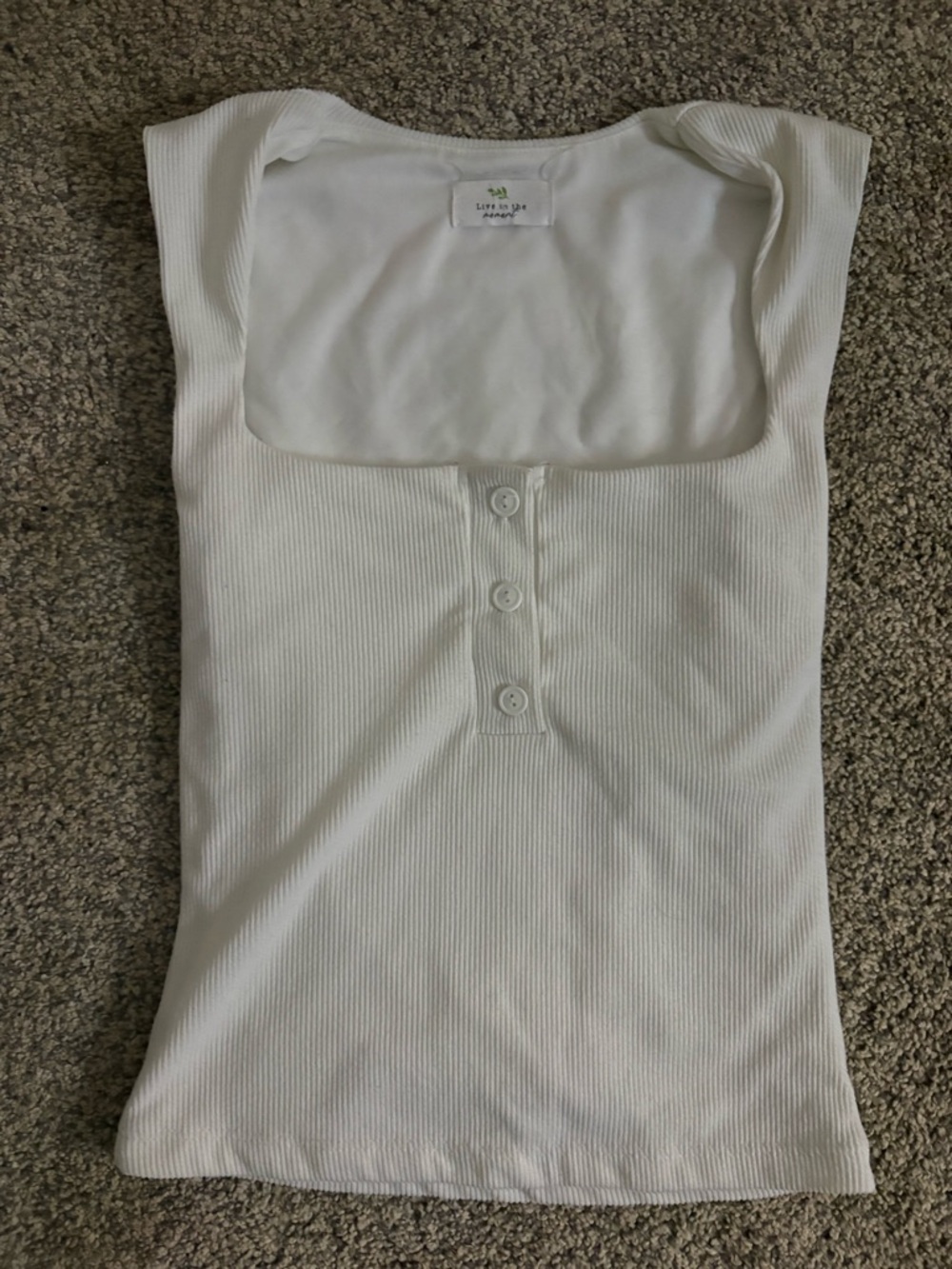 White Ribbed Square-Neck Tank with Button Placket